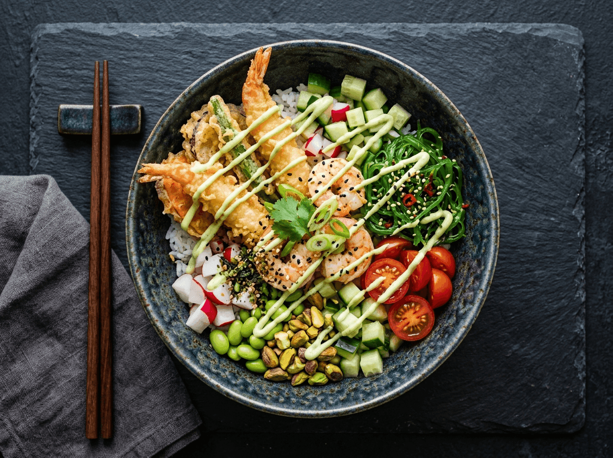 Poke crunchy con tempura e gamberi