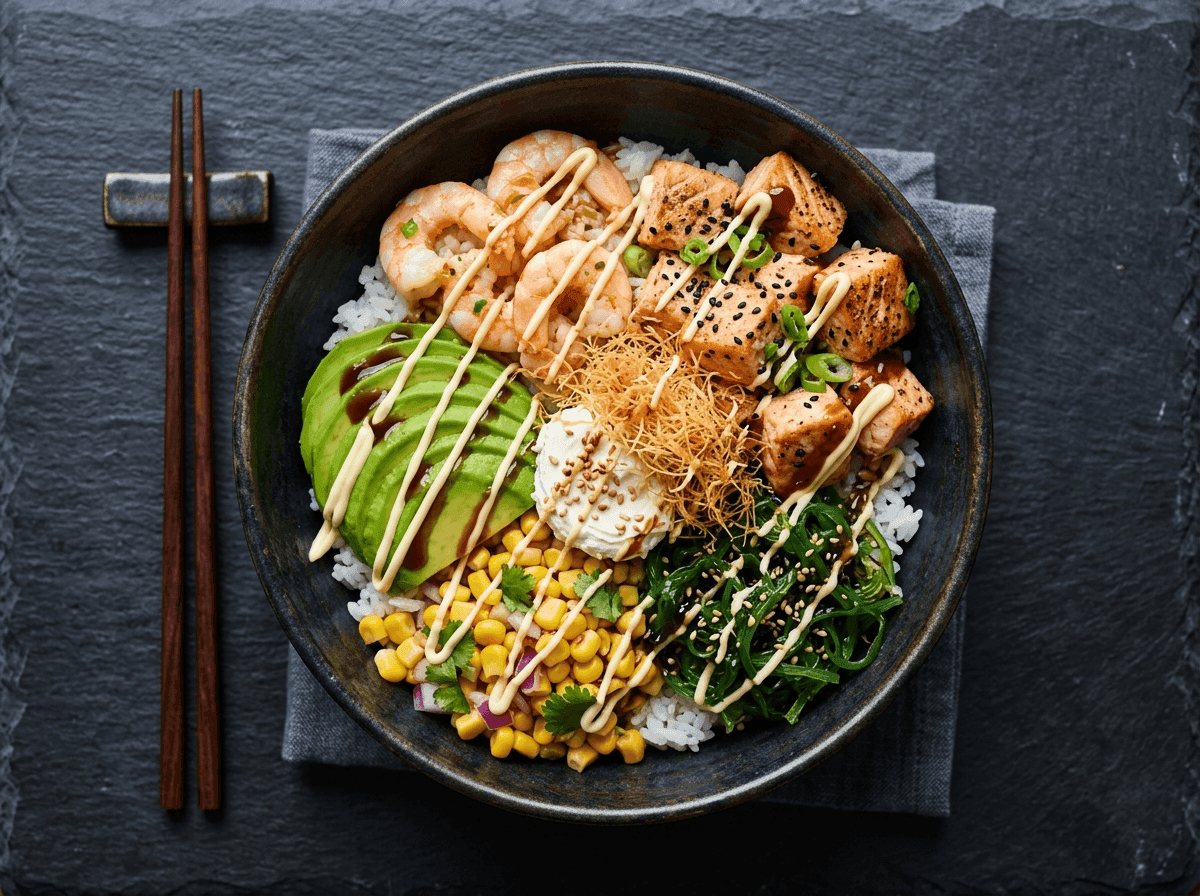Poke salmon cotto con gamberi