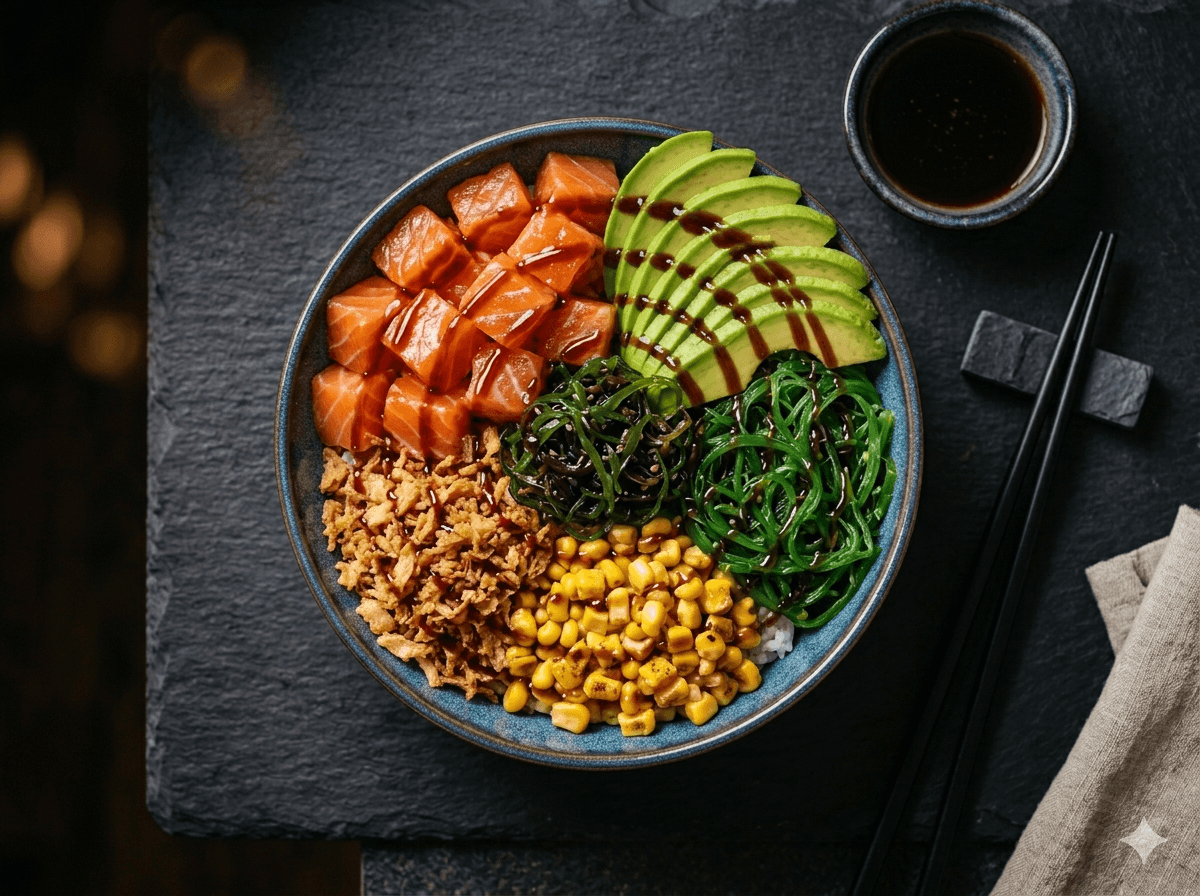 Poke salmon spicy con teriyaki